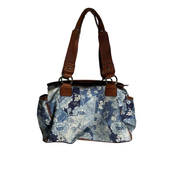 Lily Bloom Blue and White Floral Print. Brown Straps And Trim. Silver Hardware - Picture 3 of 10